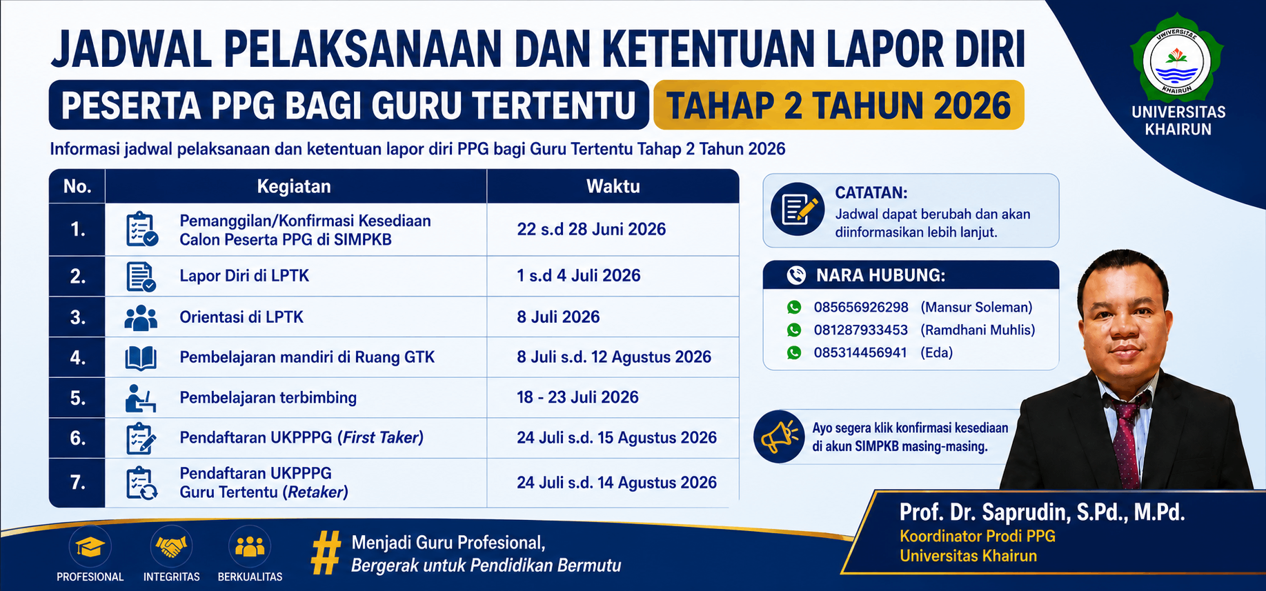 JADWAL PELAKSANAAN PPG BAGI GURU TERTENTU TAHAP 2 TAHUN 2026 UNIVERSITAS KHAIRUN